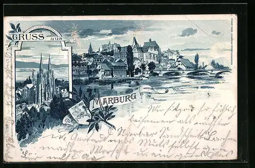 Lithographie Marburg, Münster, Ortspartie am Wasser