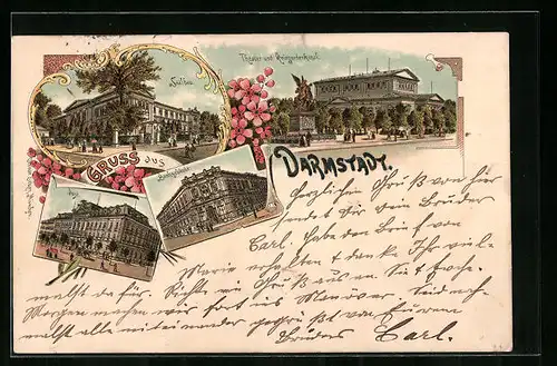 Lithographie Darmstadt, Saalbau, Theater und Kriegerdenkmal, Post und Bankgebäude