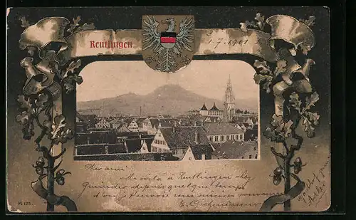 AK Reutlingen, Totalansicht mit Blick zur Kirche, Wappen