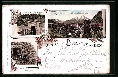 Lithographie Berchtesgaden, Salzbergwerk, Ortspartie mit Watzmann und Schönfeldspitze