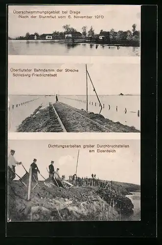 AK Drage, Sturmflut vom 6.11.1911, Dichtungsarbeiten am Eiderdeich