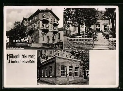 AK Lindenfels i. Odw., Hotel Hessisches Haus mit Wintergarten und Terrasse