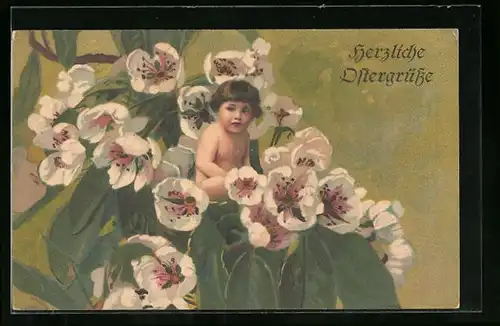 Künstler-AK Wenau-Pastell Nr. 969: Nacktes Kind inmitten weisser Blumen