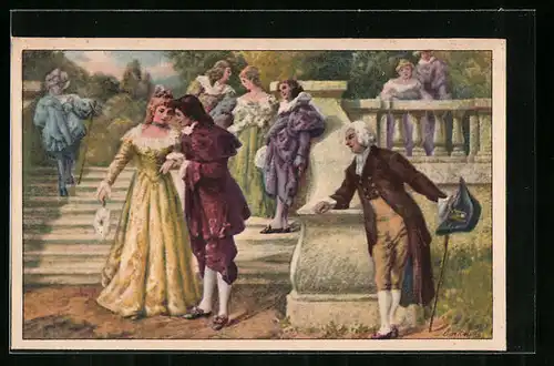 Künstler-AK Wenau-Pastell Nr. 1058: Elegante Damen und Herren beim Parkspaziergang