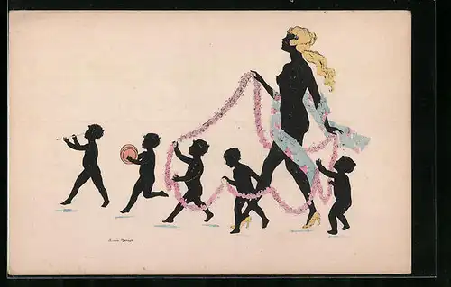 Künstler-AK Manni Grosze: Blonde nackte Frau tanzend mit Kindern