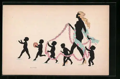 Künstler-AK Manni Grosze: Junge blonde Frau mit blauem Tuch tanzend mit Kindern