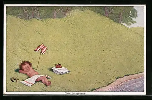 Künstler-AK H.S.B.: Kind liegt im Gras und lässt seine Hose trocknen