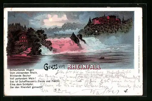 Lithographie Rheinfall, Wasserfall mit Dampfeisenbahn