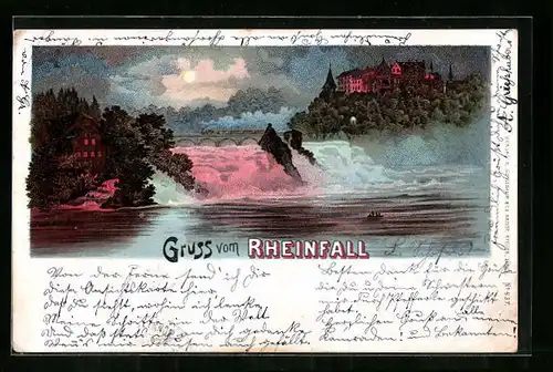Lithographie Rheinfall, Beleuchteter Wasserfall mit Dampfeisenbahn