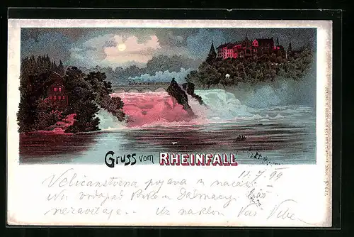 Lithographie Rheinfall, Rot beleuchteter Wasserfall mit Dampfeisenbahn