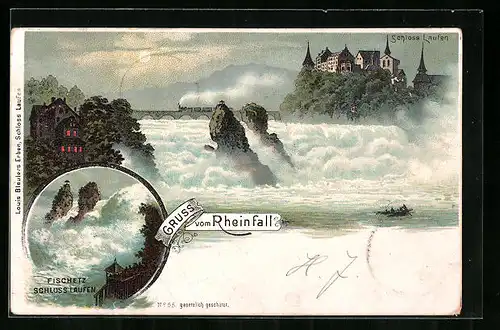 Lithographie Rheinfall, Wasserfall, Schloss Laufen