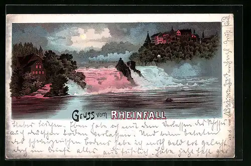 Lithographie Rheinfall, Wasserfall beleuchtet mit Dampfeisenbahn