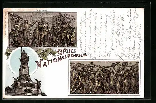 Lithographie Rüdesheim am Rhein, Nationaldenkmal, Abschied, Heimkehr