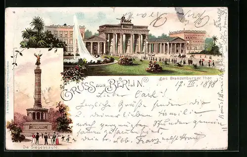 Lithographie Berlin, Brandenburger Tor mit Pferdewägen, Siegessäule
