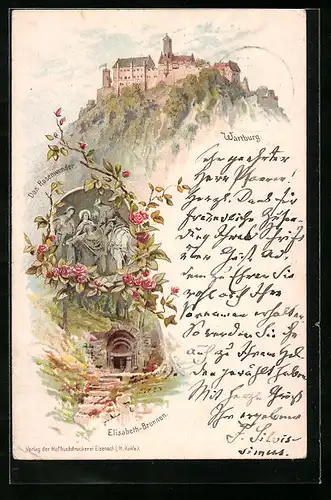 Lithographie Eisenach, Wartburg, Das Rosenwunder, Elisabeth-Brunnen