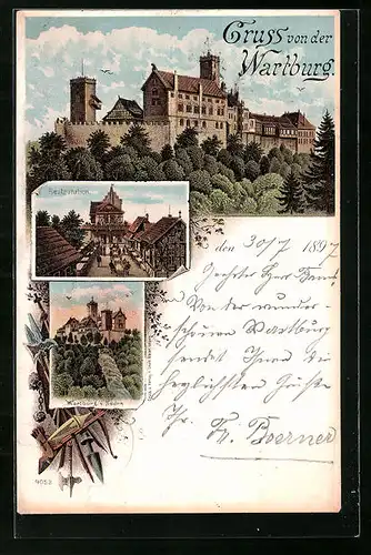 Lithographie Eisenach, Restaurant, Wartburg v. Süden