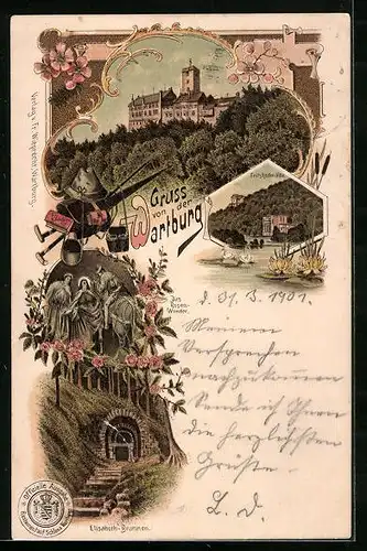 Lithographie Eisenach, Wartburg, Fritz Reuter-Villa, Elisabethbrunnen