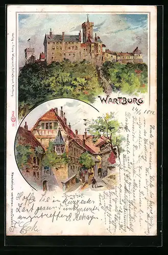 Lithographie Eisenach, Wartburg, Burghof