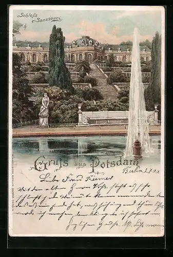 Lithographie Potsdam, Schloss Sanssouci mit Fontäne