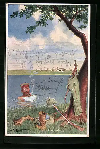Künstler-AK H.S.B.: Erlebnisse eines Landsturmmannes, Badeurlaub