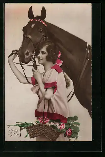 Foto-AK Leo, Paris Nr. 314: Junge Schönheit mit Blumenkorb und Pferd posierend