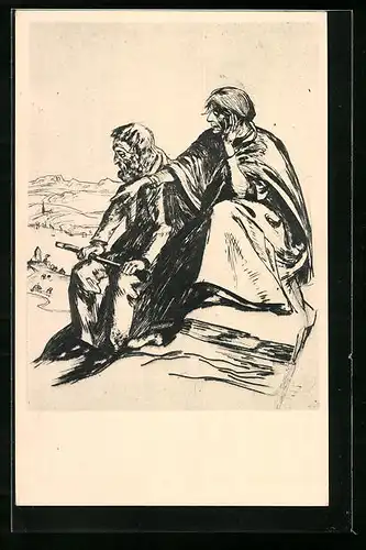 Künstler-AK Kunstwart: Die Alten - Altes Paar vor Landschaft