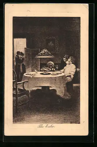 Künstler-AK James Henderson + Sons Nr. 125: The Echo - Paar am Esstisch sieht sich küssendes Paar im Flur