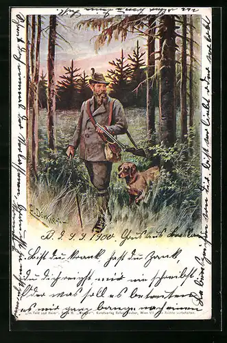 Künstler-AK E. Döcker: Jäger mit seinem Hund im abendlichen Wald