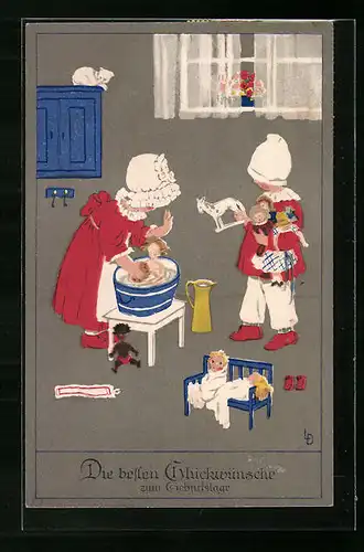 Künstler-AK Lia Döring: Puppenmuttis machen grosse Wäsche