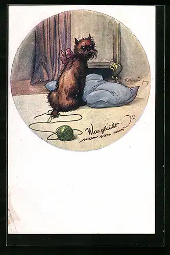 Künstler-AK F. Gareis: Hund mit an seinem Schwanz festgebundenem Wollknäuel