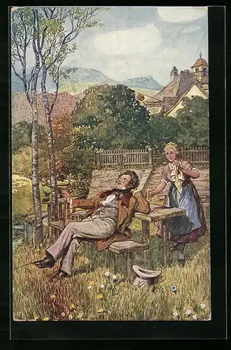 Künstler-AK F. Gareis: Komponist Schubert im Garten