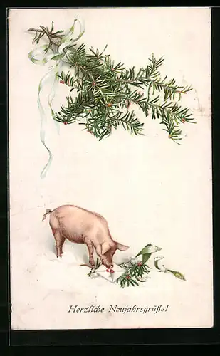Künstler-AK M. Munk Nr. 671: Neujahrsgruss mit Glücksschwein und Tannenzweig