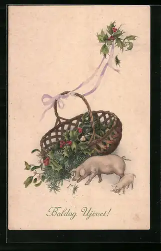 Künstler-AK M. Munk Nr. 787: Neujahrsgruss mit Glücksschwein und Korb voll von Misteln und Stechpalmzweigen