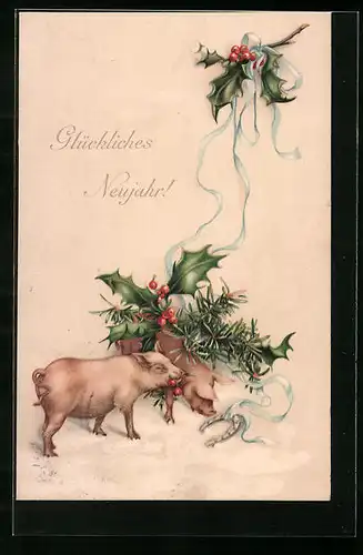 Künstler-AK M. Munk Nr. 671: Neujahrsgruss mit Glücksschweinen und Hufeisen