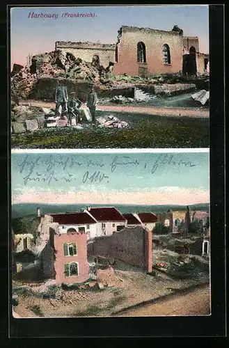 AK Harbouey, Ruinen im Ort, Kirche, Wohnhaus