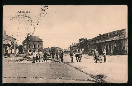 AK Allamont, Strasse mit zerstörtem Gebäude und Soldaten