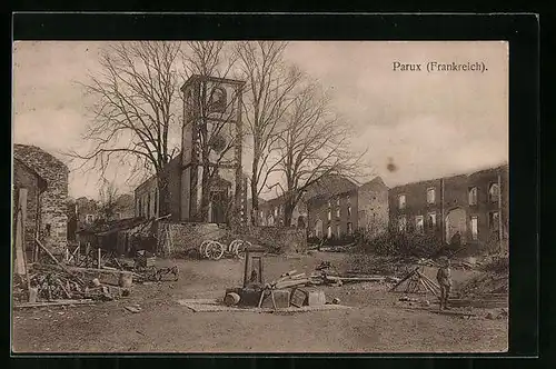 AK Parux, Marktplatz in Trümmern