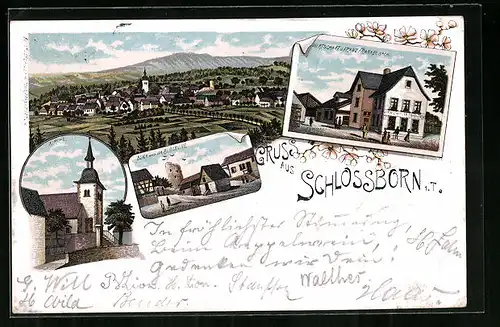 Lithographie Schlossborn i. T., Gasthaus von Franz Frankenbach, Kirche, Burgruine