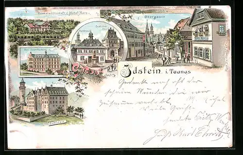 Lithographie Idstein /Taunus, Hotel Merz in der Obergasse, Bau-Gewerkschule, Rathaus