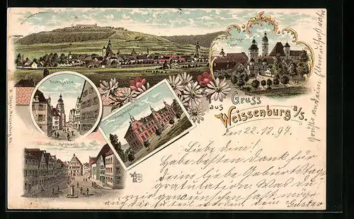 Lithographie Weissenburg /Saale, Rosengasse, Holzmarkt, Progymnasium