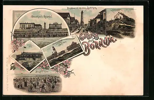 Lithographie Borkum, Strandhotel und Kaiserhof, Victoria-Höhe, Vogelkolonie, Leuchtturm