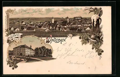 Lithographie Windsbach, Anstalt, Panoramablick auf den Ort