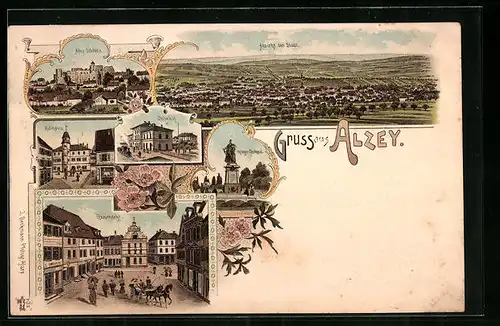 Lithographie Alzey, Rossmarkt, Bahnhof, Krieger-Denkmal