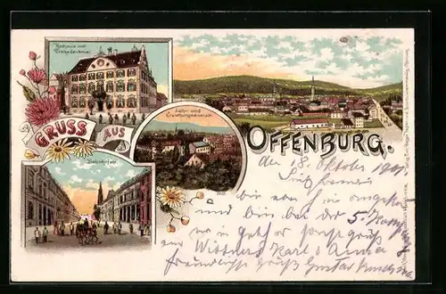 Lithographie Offenburg, Bahnhofstrasse, Rathaus mit Drakedenkmal