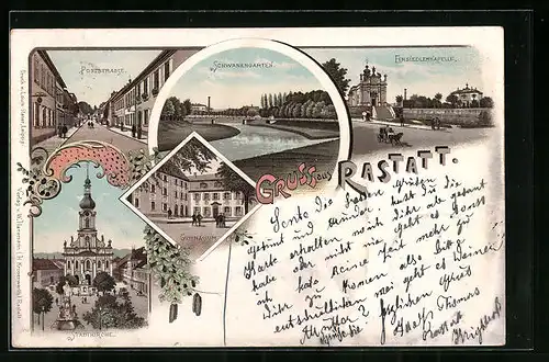 Lithographie Rastatt, Poststrasse, Einsiedlerkapelle, Gymnasium