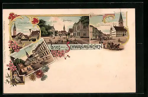 Lithographie Schwabmünchen, Strassenansicht, Marktplatz, Kriegerdenkmal