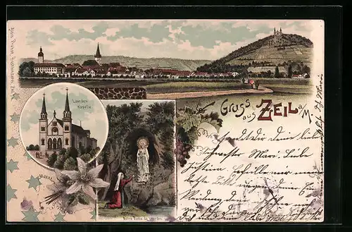 Lithographie Zeil a. M., Lourdes Kapelle, Ortsansicht, Notre Dame de Lourdes
