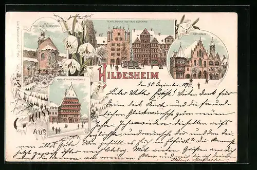 Winter-Lithographie Hildesheim, Knochenhaueramtshaus, Templerhaus und Haus Wedekind