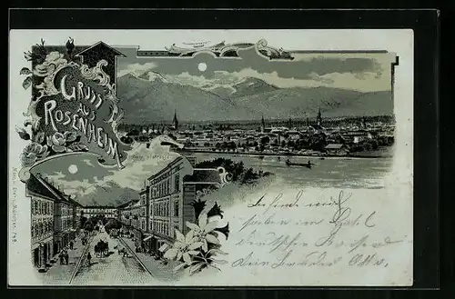 Mondschein-Lithographie Rosenheim, Bahnhofstrasse aus der Vogelschau, Ortsansicht