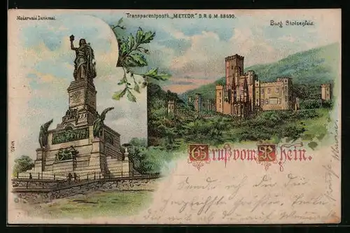 Lithographie Rüdesheim, Niederwald Denkmal, Burg Stolzenfels, Halt gegen das Licht: Vollmond